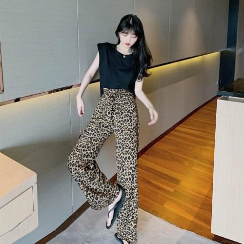 Women Leopard Print Long Pants Elastic High Waist Side Split Wide Leg Basic Trousers Drawstring Floor Length Thin Pantalones