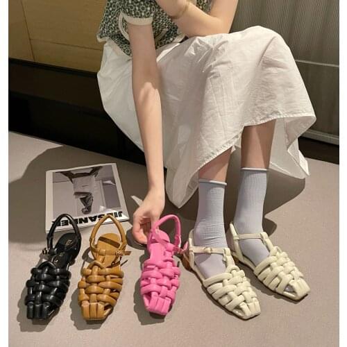 2021 New Female Summer Flat Shoes Explosion Models Sandals Baotou Word Roman Fairy Style Fashion Sandals