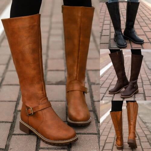 Women Vintage Zipper Leather Knee High Boots Womens Buckle Long Knight Boots Female Round Toe Low Heels Shoes Keep Warm Boots