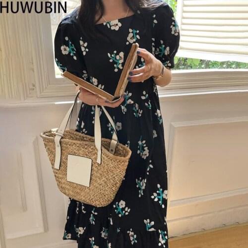 2021 Summer New Style Womens Temperament Square Neck Fashion Unique Retro Bubble Sleeve Ruffle Skirt Flower Print Dress