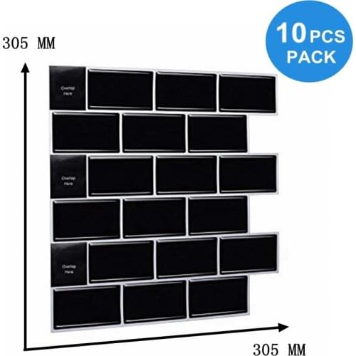 12 Inch Black Peel and Stick Tiles 3D Brick Effect Self Ahesive Waterproof Wallpaper for Kitchen & Bathroom - 10 Pieces Pack