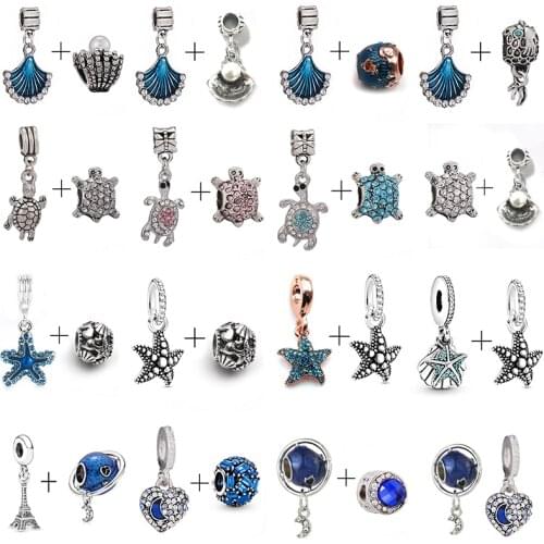 2Pcs/Lot Ocean Shape Silver Color Fish Shell Tortoise Charms DIY Fine Beads Fit Original Brand Charm Bracelet Jewelry Making