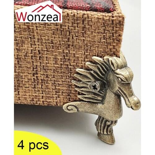 4Pcs Antique Horse Head Shape Box Corner Protector Retro Bronze Wood Case Jewelry Storage Box Feet Leg Corner Bracket 39*24*12mm