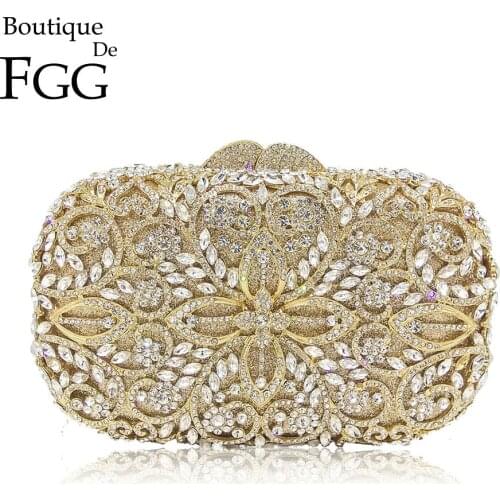 Boutique De FGG Hollow Out Women Gold Crystal Metal Clutches Minaudiere Handbag Diamond Evening Bags Bridal Wedding Clutch Bag