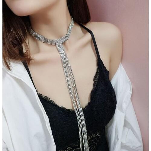 Luxurious Full Rhinestone Woman Tassels Chokers Necklaces Long Micro Mosaic Geometry Trendy Neck Chain Torques Clavicle Shining