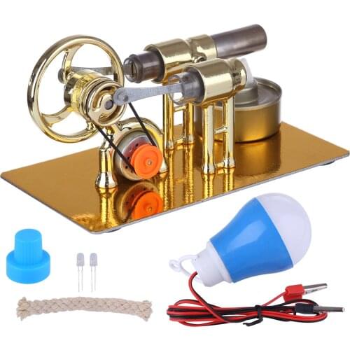 Γ-Type Single-cylinder Stirling Engine Generator Model Science Experiment Educational Toy Gift with LED Diode and Bulb - Golden