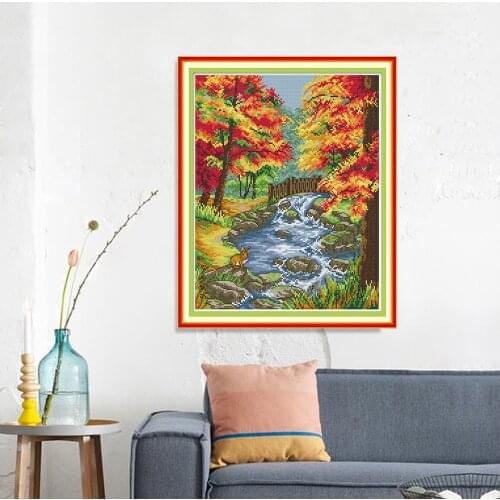 HUACAN Cross Stitch Autumn Scenery Kits DIY Gift Home Decoration Sets White Canvas Embroidery Tree River Needlework 11CT 14CT