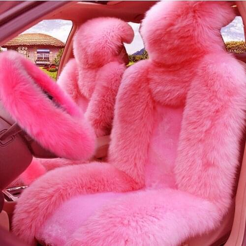 5Pcs Set Car Front Seat Cover & Fur Car Seat Steering Wheel Cover Pink Wool Winter Essential Universal Furry Fluffy Thick Faux