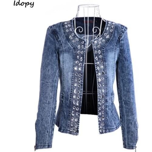 Idopy Fashion Autumn Women Denim Jacket Short Vintage Slim Fit O-neck Handwork Retro Rhinestone Jeans Coat For Female Plus Size