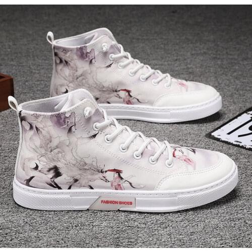 Fashion Chinese Style Mens Shoes High-Top Canvas Board Shoe Graffiti Trendy Student Ice Silk Cloth Breath Increased White Shoes