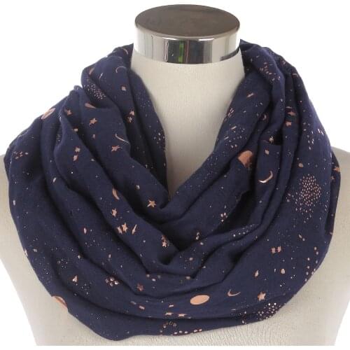 Winfox Fashion Navy Star Moon Foil Gold Neck Snood Scarf For Women Ladies Stoles Global Glitter Round Ring Scarves Shawl