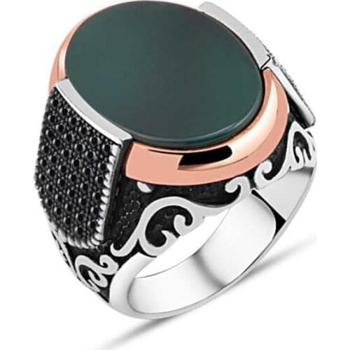 Flat Green Agate Stone Silver Men 'S Ring