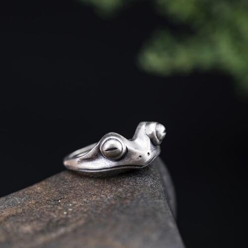 Real 925 Sterling Silver Frog Open Rings for Women Men Animal Figure Ring Thai Silver Vintage Punk Fashion Party Jewelry