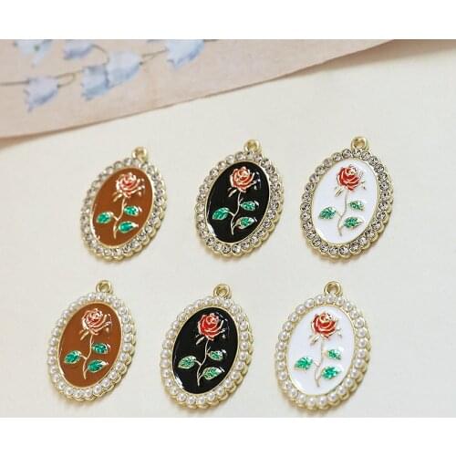 Zinc Alloy Enamel Charms Rose Flowers Coin Charms 10pcs/lot For DIY Fashion Jewelry Making Finding Accessories