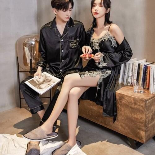 Spring Couple Pajamas Bedroom Sleepwear for Women and Men Pijamas Black Satin Home Clothes Long Sleeve Pyjamas Femme
