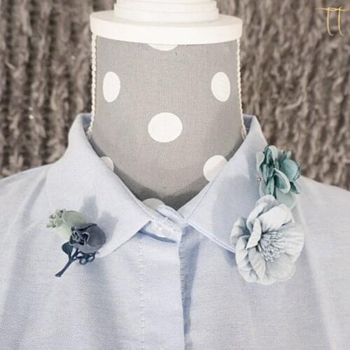 Vintage Detachable Fashion Blouse detachable pearl crystal Romantic Art Freshness Blue Cotton Flowers false fake collar