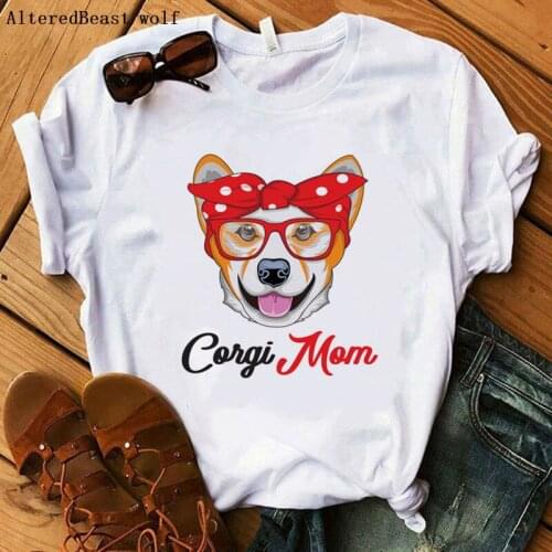 Corgi Mom Funny Bandana Women T-shirt Fashion Harajuku Kawaii Cartoon Dog Summer Women O-neck Tshirt 90s Graphic Tops Tee Female