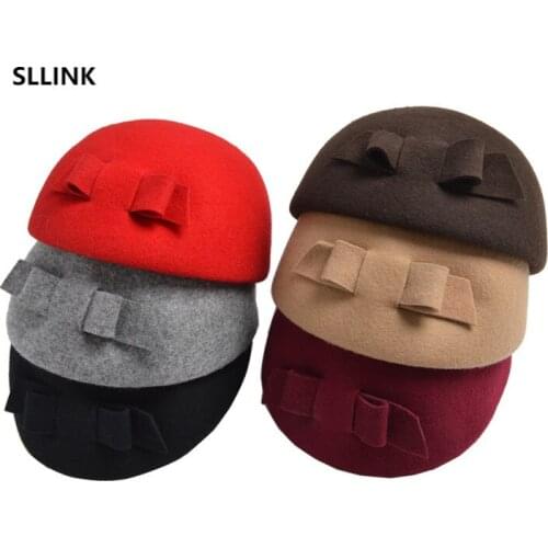 Womens autumn and winter new wool European and American felt hat bow Beret elegant temperament