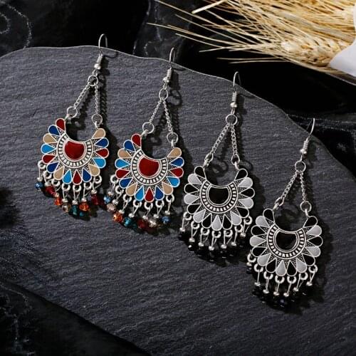 Retro Womens Afghan Black Flower Indian Earrings Ethnic Gypsy Silver Color Jhumka Beads Tassel Wedding Earrings Bijoux