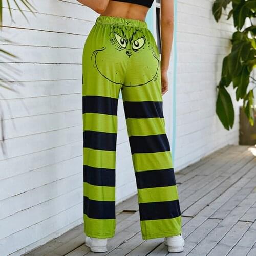 Women Christmas Grinch Striped Pajama Pants Harajuku Cute Cartoon Animal Print 2021 Elastic Mid waist Wide Leg Casual Trousers
