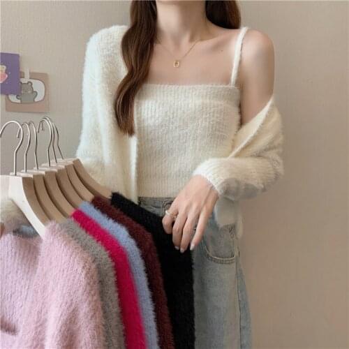 Sexy Vest Camisole Tops Solid V Neck Mohair Cardigan Women Gentle Outwear White Long Sleeve Sweater Knit Crop Fashion Wild Black