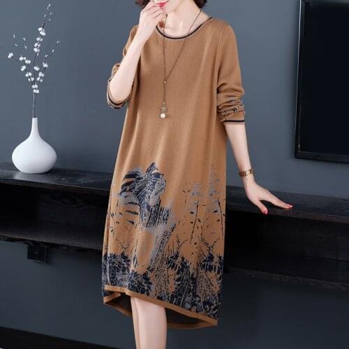 2021 Casual Plus Size Loose Knitting Sweater Dress Autumn Winter Vintage Women Print Midi Dresses Elegant Bodycon Party Vestidos