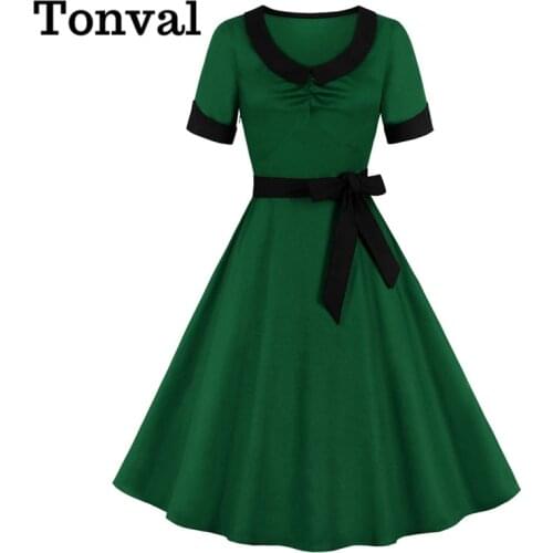 Tonval Ruched High Waist 50s 60s Vintage Robe Rockabilly Swing Dresses for Women Short Sleeve Belted Elegant Midi Dress