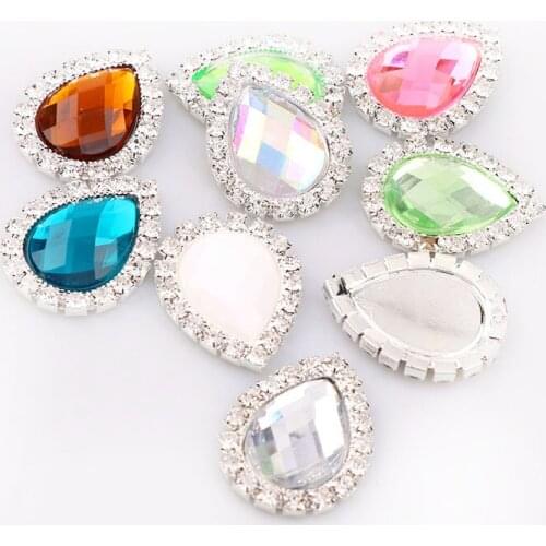 10 Pcs 20x25mm Inner13x18mm Teardrop Acrylic Button with Brass Silver Metal Tray Rhinestone Cabochon Cameo Setting DIY Bag