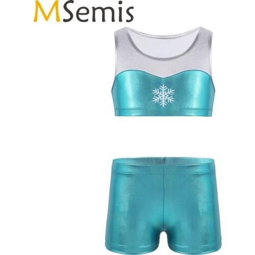 MSemis 2PCS Girls Ballet Dance Costume Shorts Tankini Outfit Kids Shiny Embroidery Crop Top Bottoms Rhythmic Gymnastics Leotard
