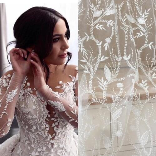 Off White 3D Beaded Haute Couture Lace Fabric, Tiny Pearl Beading Tulle for Bridal Dress Wedding Gown Prom Dress