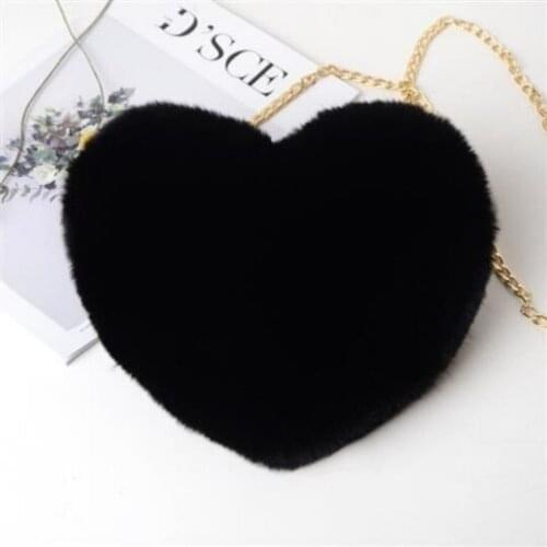 Black Lady Faux Fur Women Bag Winter Chains Love Shaped Girls Princess Trendy Furry Plush Crossbody Casual Soft Ins Women Bags