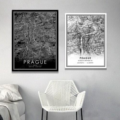 Black White World City Map Canvas Painting PRAGUE City Line Wall Art Print Poster Room Decoration Picture