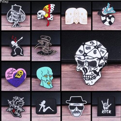 Pulaqi Punk Black White Patch Embroidered Iron On Patches For Clothing Hippie Grim Reaper Skull Rock Sticker Stripes For Clothes
