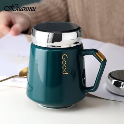 Ceramic Mug Cup With Lid Teacup Coffee Tumblers Dark Green Creative Boys Household Office Simple Female Drinking Cup Gift