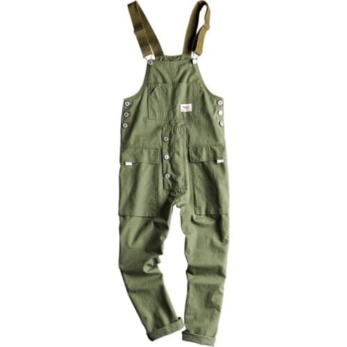 Spring Overalls Mens Bib Jumpsuits 100% Cotton Straight Loose Casual Pants Clothing Hip Hop Street Green Khaki Yellow Trousers