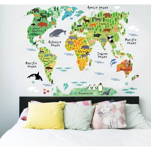Colorful animal world map wall stickers living room home decorations pvc decal mural art 037 diy office kids room wall art