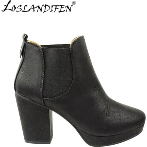 LOSLANDIFEN Winter Warm Brown Boot Ladies Ankle Short Boots Soft Leather Office Pumps Women Thick Heel High Shoes 788-1MA