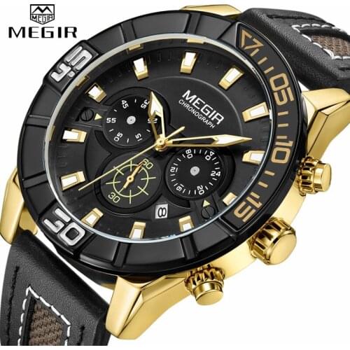 MEGIR Fashion Chronograph Mens Watch Quartz Sport Watches Men Leather Analog Business Clock Army Wristwatch Relogios Masculino
