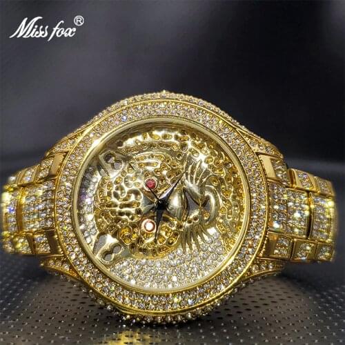 MISSFOX 18K Diamond Leopard Men Watches Top Brand Luxury Hip Hop Fashion Quartz Watch Ice Out Jewelry Accessories Wholesale