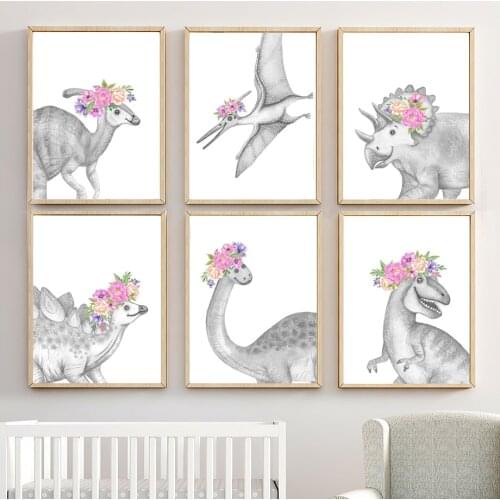 Jurassic Dinosaur Flower wild Animals Wall Art Canvas Painting Nordic Posters And Prints Wall Pictures Kids Room Nursery Decor
