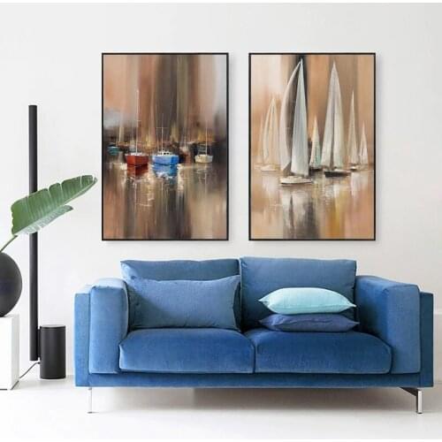 Wall Art Abstract Blue Brown Watercolor Sailboat Posters Prints Nordic Canvas Paintings Living Room Bedroom Corridor Decoration