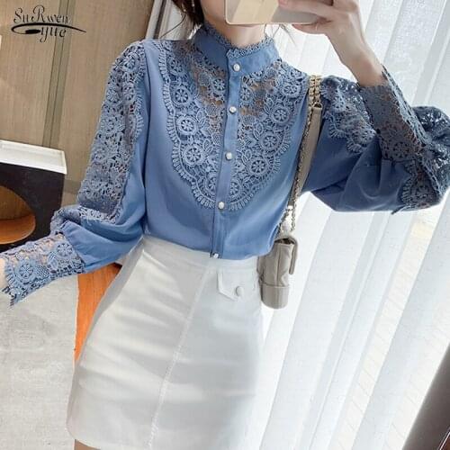 Spring New Korean Style Crochet Hollow Lace Stitching Blouse Women Sexy Puff Sleeve Stand-up Collar Bottoming Thin Shirt 12731