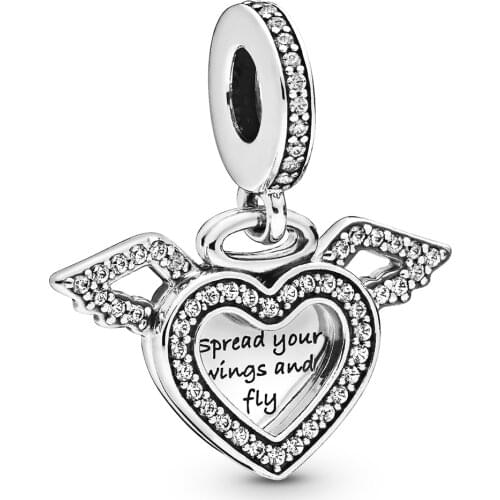 Genuine 925 Sterling Silver Charm Heart & Angel Wings Charm Beads Fit Women Pan Bracelet & Necklace DIY Jewelry