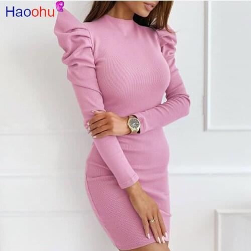 HAOOHU Casual Khaki Womens Dress Cotton Winter Tight Dress High Street Style Long Sleeve Female Dress Clothing Women 2021 New