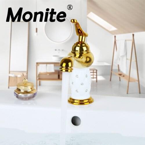 RU Diamond Crystal Body Tap Soild Brass Gold Bathroom Wash Basin Sink Faucet Single Handle Deck Mount Vessel Vanity Tap Mixer