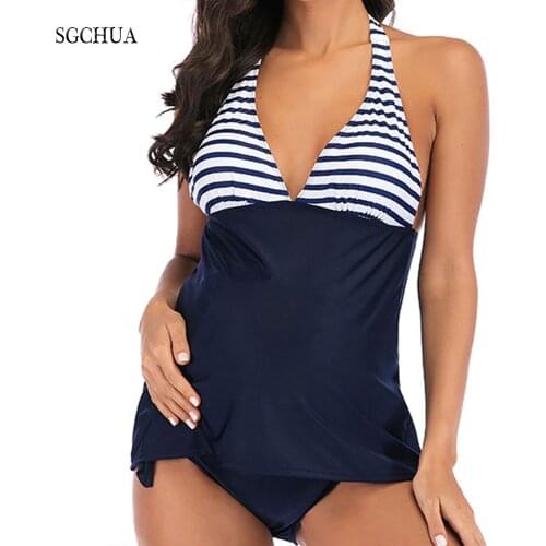SGCHUA 2020 Navy Striped Blue Tanikini Maternity Swimwear Plus Size 5XL Swimsuit Pregnant Woman Backless Big Beach Bathin Suit