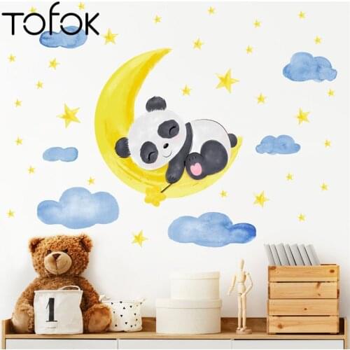 Tofok Cartoon Panda Sleeping on the Moon and Stars Wall Stickers for Kids Room Baby Room Decoration Wall Decals Room Interior