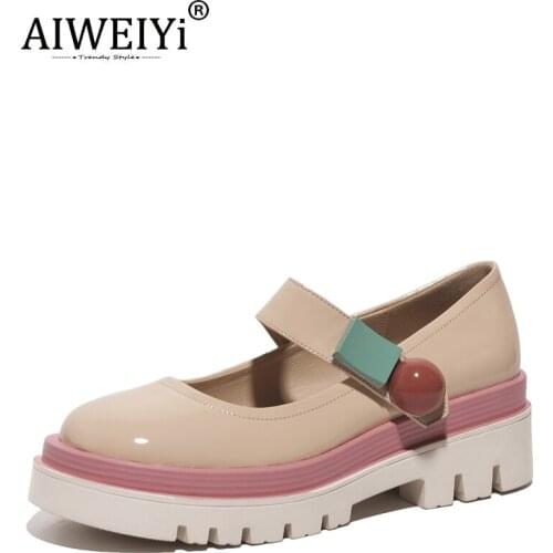 AIWEIYi Single Shoes Womens Thick Sole Genuine Leather Mary Jane Med Heels Patent Leather Round Toe Ladies Shoesen