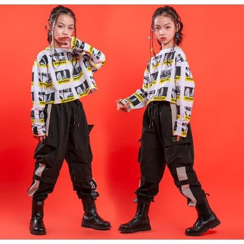 Kid Hip Hop Clothing Print Crop Sweatshirt Long Sleeve Shirt Tactical Cargo Pants For Girl Jazz Dance Costume Clothes Streetwear
