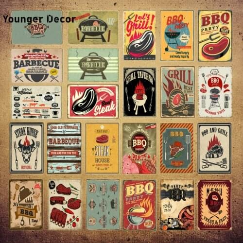 BBQ Gril Party Zone Plaque Steak House Metal Tin Signs Food Meat Poster Barbecue Menu For Bar Kitcken Home Wall Decor YI-216